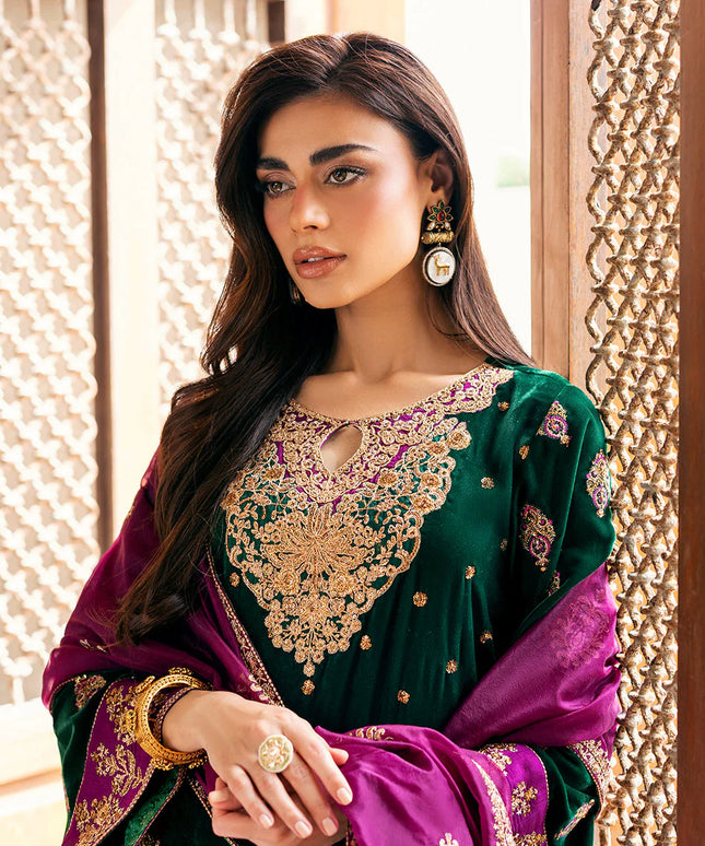 Esha | Emerald Green Velvet Hand Embroidered Suit