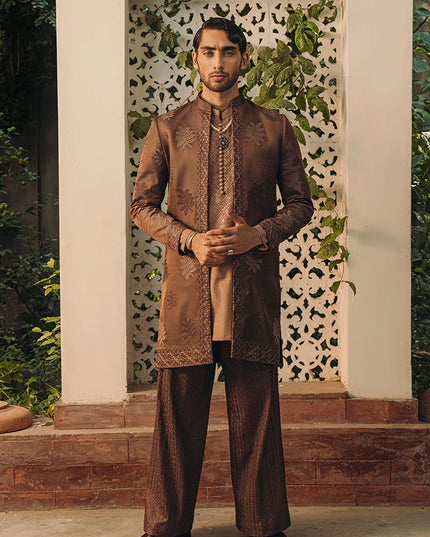 Russet Brown Silk Embroidered Open Sherwani