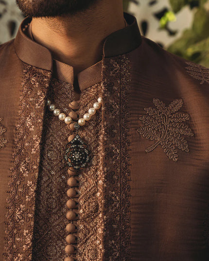 Russet Brown Silk Embroidered Open Sherwani