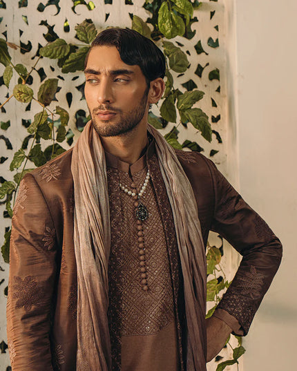 Russet Brown Silk Embroidered Open Sherwani