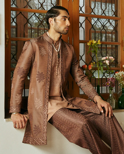 Russet Brown Silk Embroidered Open Sherwani