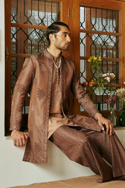Russet Brown Silk Embroidered Open Sherwani