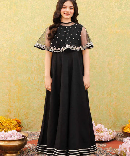 Evy | Girls Black Embroidered Silk Pishwas