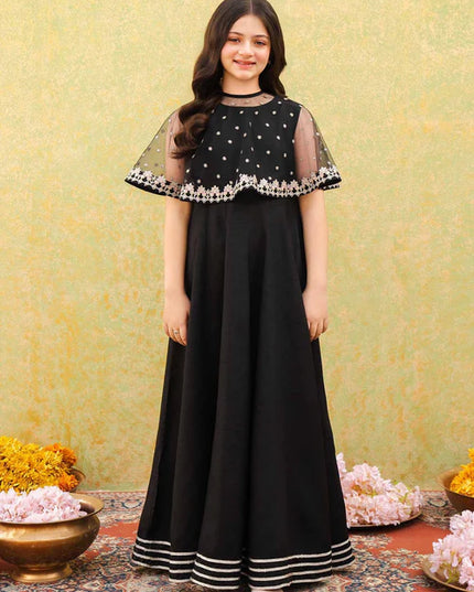 Evy | Girls Black Embroidered Silk Pishwas