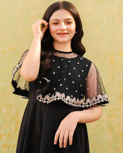 Evy | Girls Black Embroidered Silk Pishwas