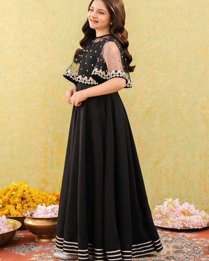 Evy | Girls Black Embroidered Silk Pishwas