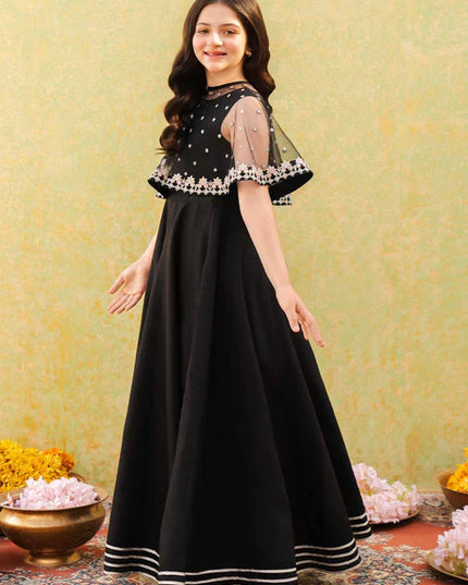 Evy | Girls Black Embroidered Silk Pishwas