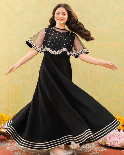 Evy | Girls Black Embroidered Silk Pishwas