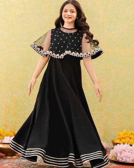 Evy | Girls Black Embroidered Silk Pishwas