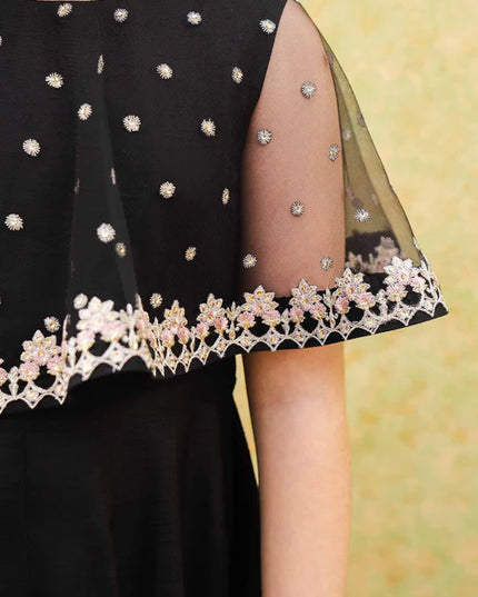 Evy | Girls Black Embroidered Silk Pishwas