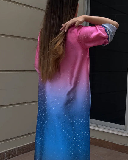 Blush | Ombre Shimmer Pink & Blue Embellished Kaftan