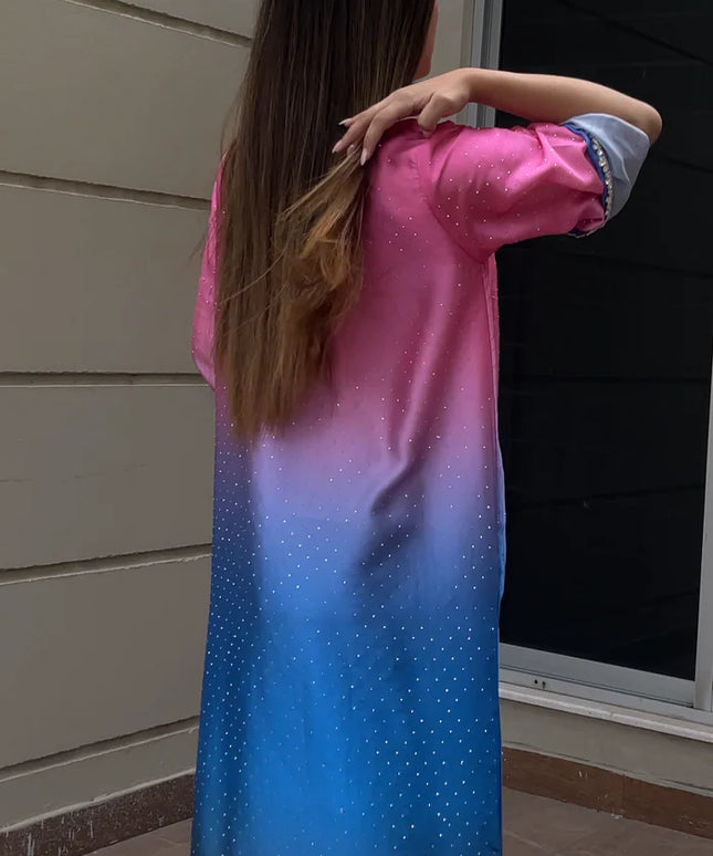 Blush | Ombre Shimmer Pink & Blue Embellished Kaftan