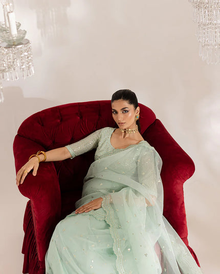 Gulraaz | Mint Embroidered Organza Saree
