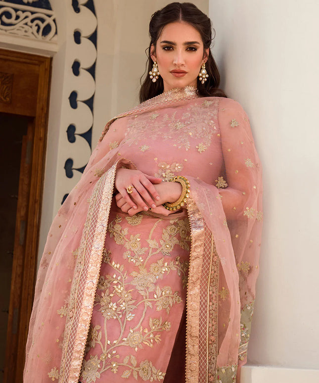 Model wearing a Faiza Saqlain Korean Raw silk dress in pink