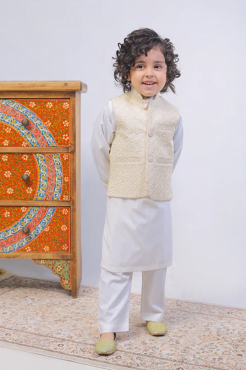 1 Piece | Boys Cream Silk Embroidered Waistcoat