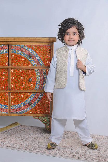 1 Piece | Boys Cream Silk Embroidered Waistcoat