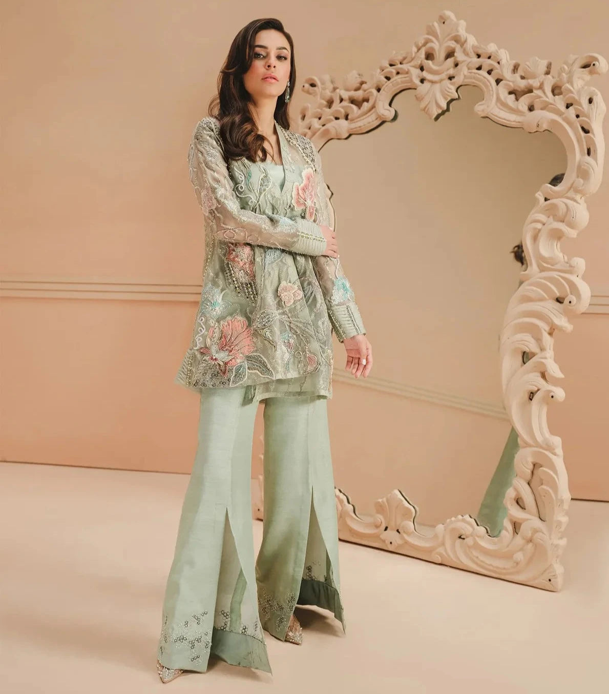 Flora | Sage Green Embroidered & Embellished Co Ord Set