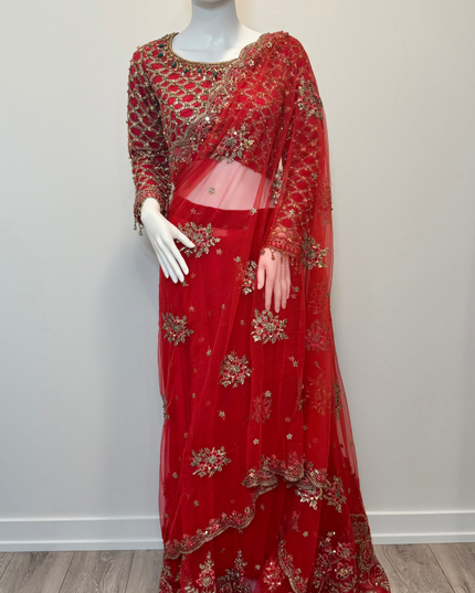 Luxury Crimson Bridal Saree Gown – Hand Embellished Wedding Formal