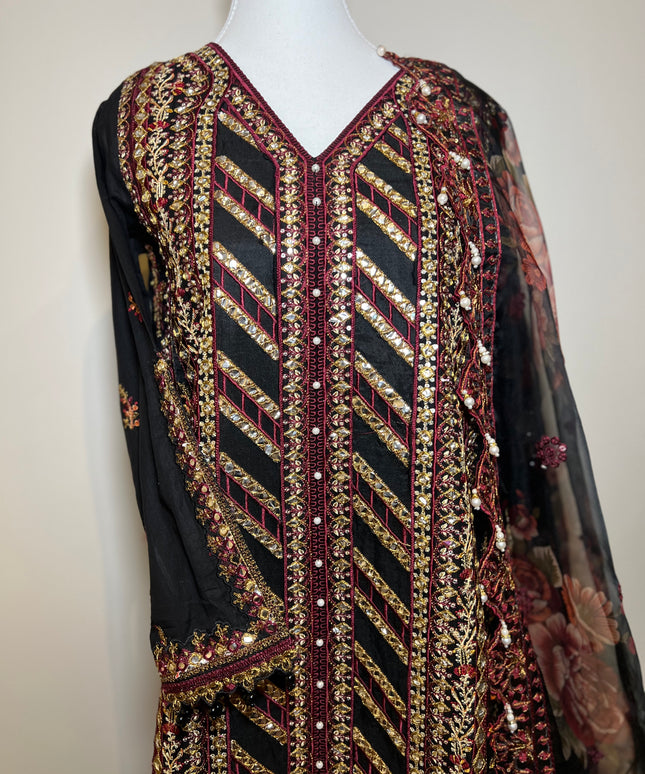 3 Piece | Black Embellished Pishwas Set