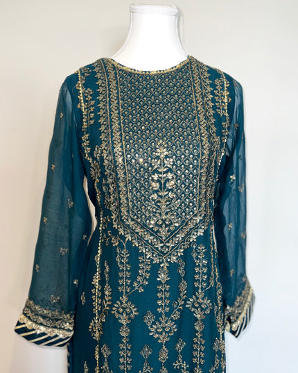 Asim Jofa| Embroidered Embellished Chiffon Kurta in Deep Teal