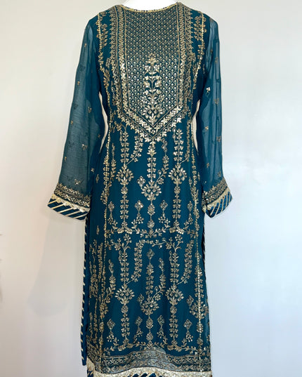 Asim Jofa| Embroidered Embellished Chiffon Kurta in Deep Teal