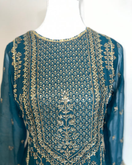 Asim Jofa| Embroidered Embellished Chiffon Kurta in Deep Teal