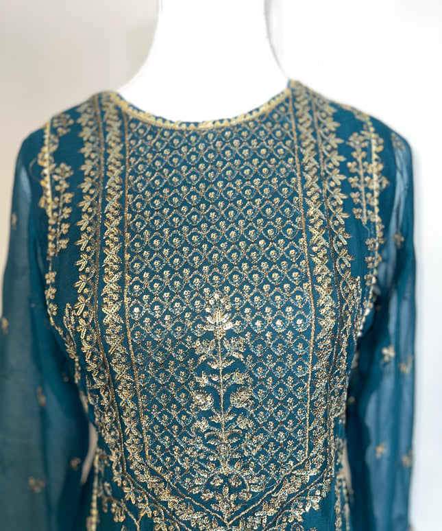 Asim Jofa| Embroidered Embellished Chiffon Kurta in Deep Teal