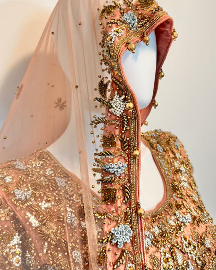 Luxury Peach & Gold Bridal Ensemble with Heavy Embroidery