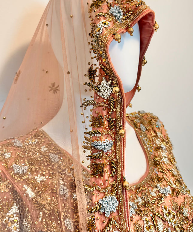 Luxury Peach & Gold Bridal Ensemble with Heavy Embroidery