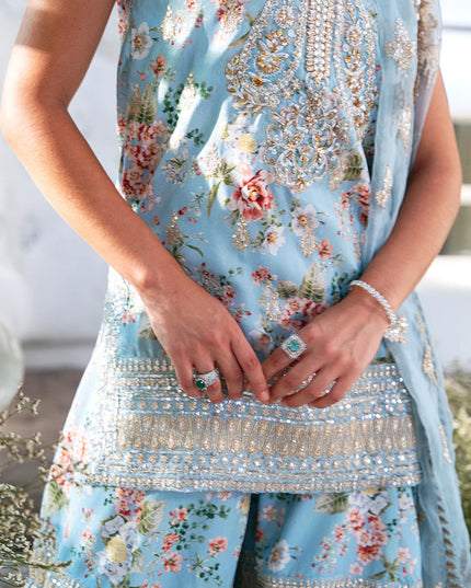 Saira Rizwan | Ice Blue Silk Embellished Gharara