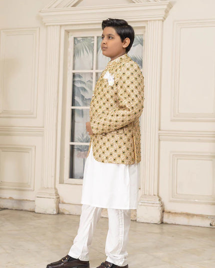 3 Piece | Boys Gold Hand Embroidered Prince Coat Set