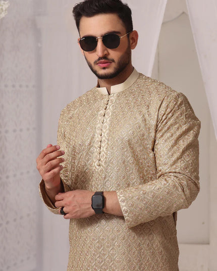 Gold Jamawar Embroidered Kurta Shalwar