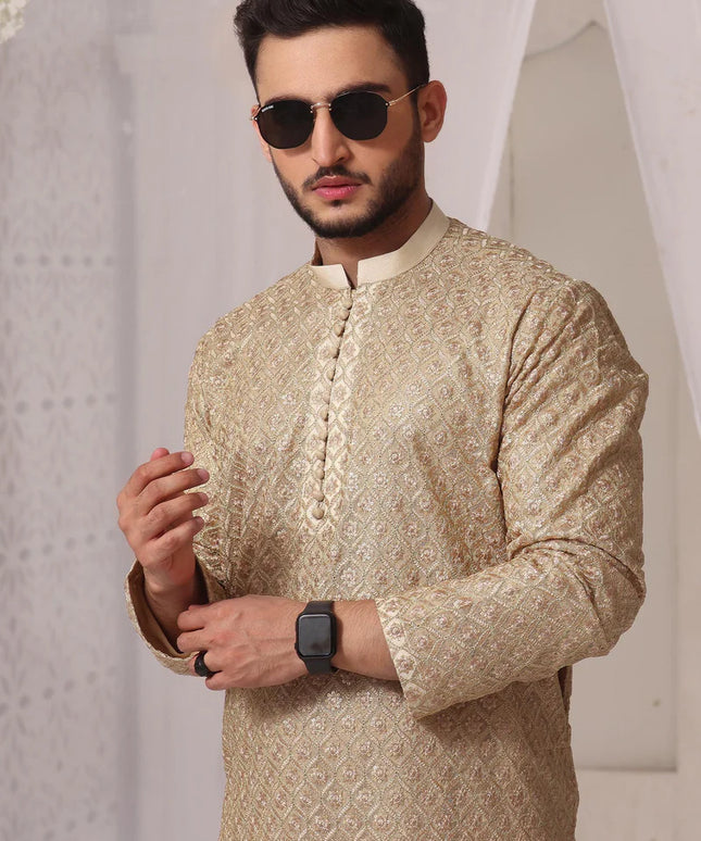 Gold Jamawar Embroidered Kurta Shalwar