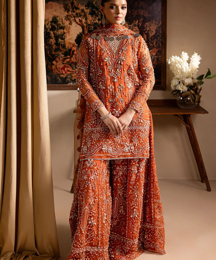 Gulnaar | Orange Embroidered Hand embellished Sharara