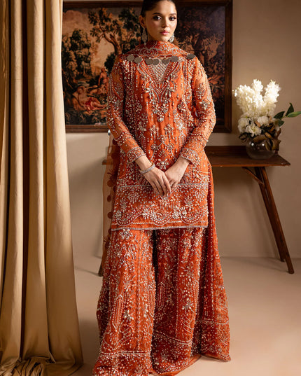 Gulnaar | Orange Embroidered Hand embellished Sharara