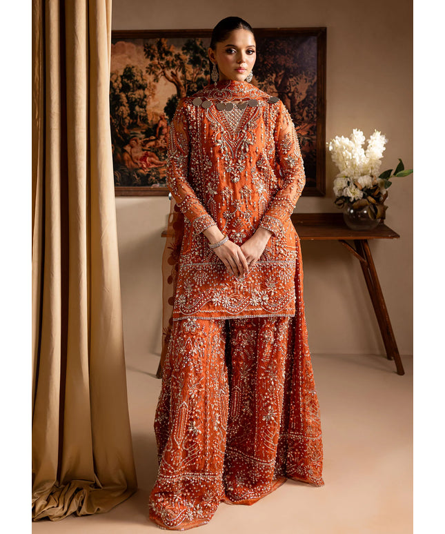 Gulnaar | Orange Embroidered Hand embellished Sharara