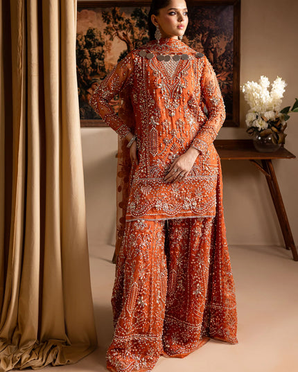 Gulnaar | Orange Embroidered Hand embellished Sharara