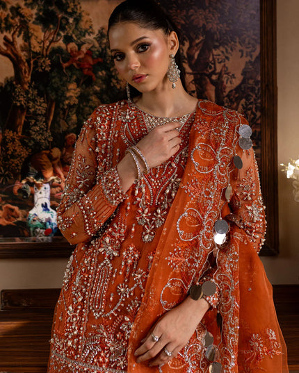 Gulnaar | Orange Embroidered Hand embellished Sharara