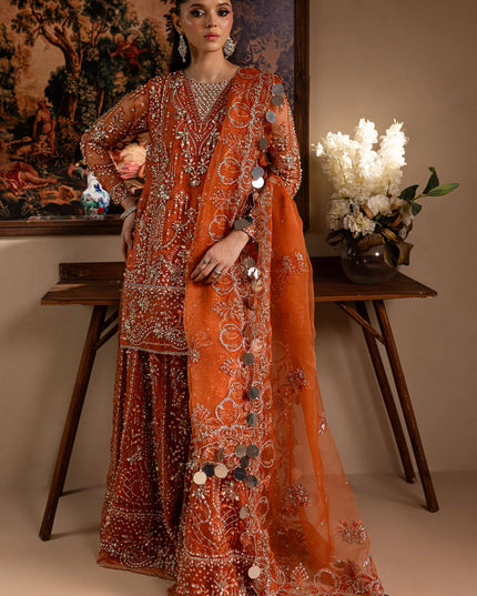 Gulnaar | Orange Embroidered Hand embellished Sharara