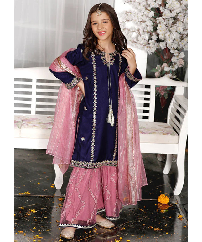 Gulnoor | Girls Blue Embroidered Gharara