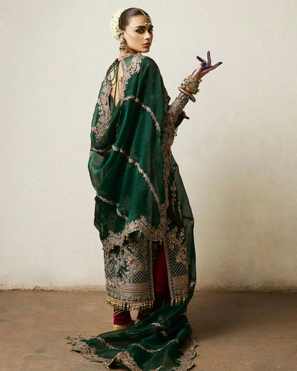 Hussain Rehar | Emerald Organza Embroidered Embellished Churidar Suit