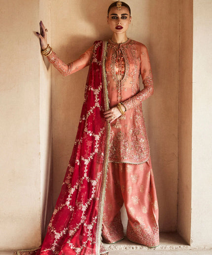 Hussain Rehar | Peach Raw Silk Embellished Suit