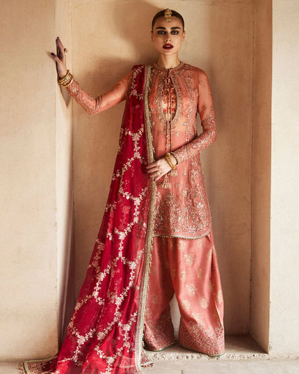 Hussain Rehar | Peach Raw Silk Embellished Suit
