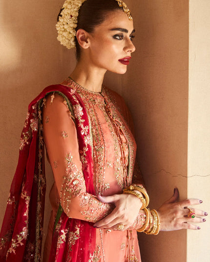 Hussain Rehar | Peach Raw Silk Embellished Suit