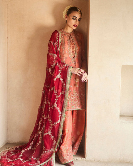 Hussain Rehar | Peach Raw Silk Embellished Suit