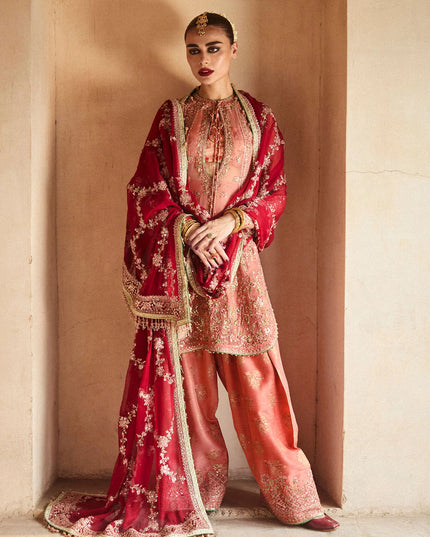Hussain Rehar | Peach Raw Silk Embellished Suit