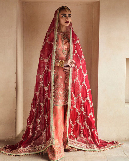 Hussain Rehar | Peach Raw Silk Embellished Suit