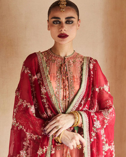 Hussain Rehar | Peach Raw Silk Embellished Suit