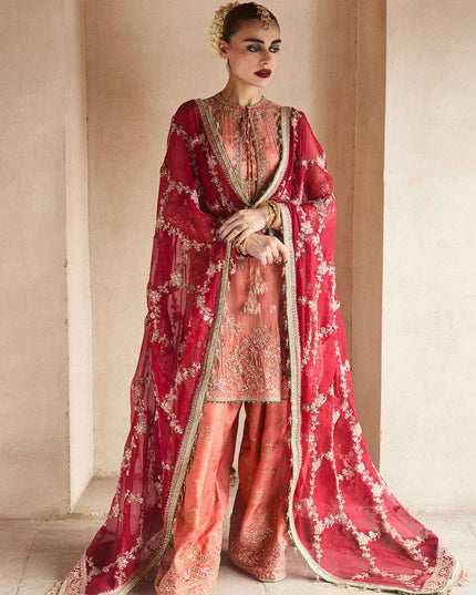 Hussain Rehar | Peach Raw Silk Embellished Suit