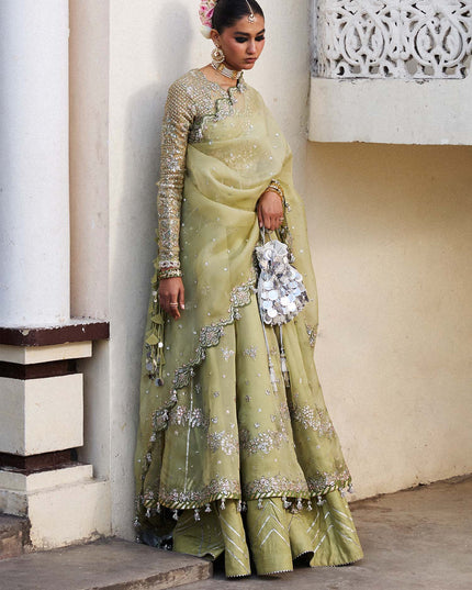 Hussain Rehar | Apple Green Embroidered Organza Peshwas Lehenga